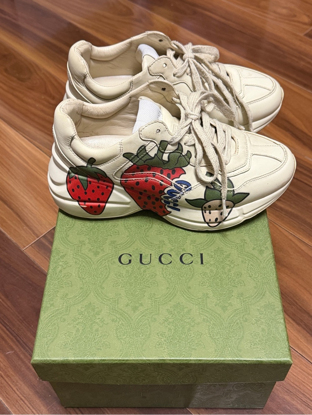 Gucci Cream Leather Platform Sneakers with Red Strawberry Print